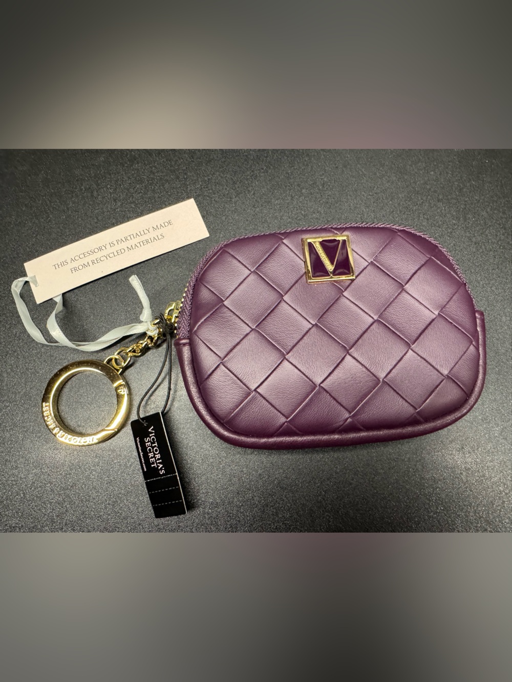 Victoria’s Secret Plum Purple Quilted Zip Pouch Keychain Coin Purse NWT